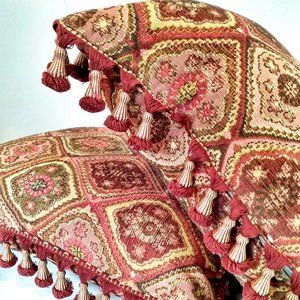 Vintage Woven Decorative Pillows (2) Fully Tasseled Goose Down Burgundy/ Gold